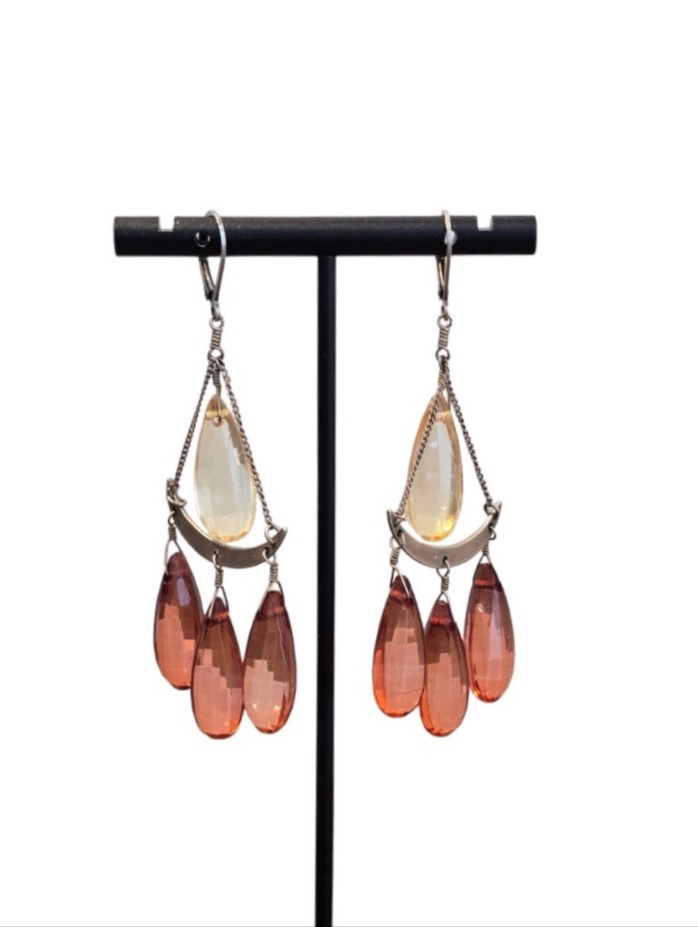 Sterling Silver Tiered Champagne Peach Acrylic Bead Handcrafted Boho Earrings
